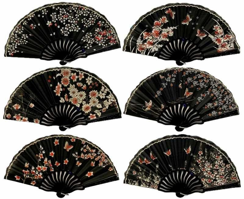 12 Wholesale Black Flower & Butterfly Hand Fans - Assorted image