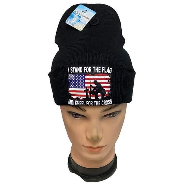 12 Wholesale "i Stand Flag For The Flag And Kneel For The Cross" Winter Beanies - Black image