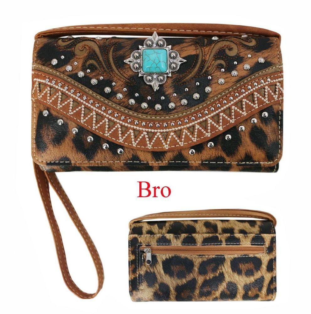 12 Wholesale Snow Leopard Print Wallet Purse - Brown image