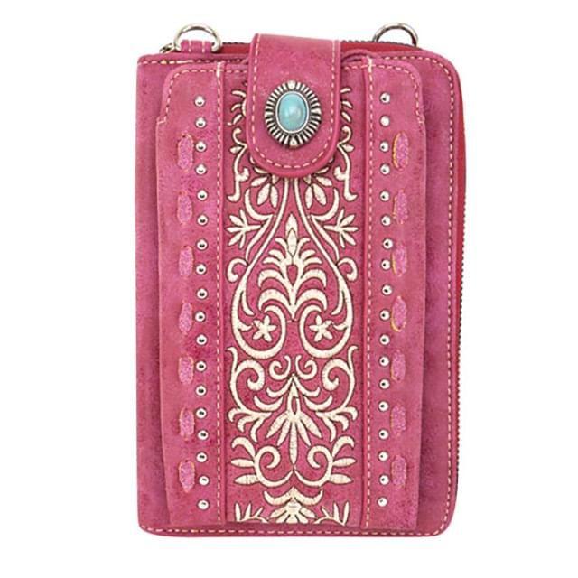 12 Wholesale Embroidered Scroll Collection Phone Wallet/crossbody - Pink image