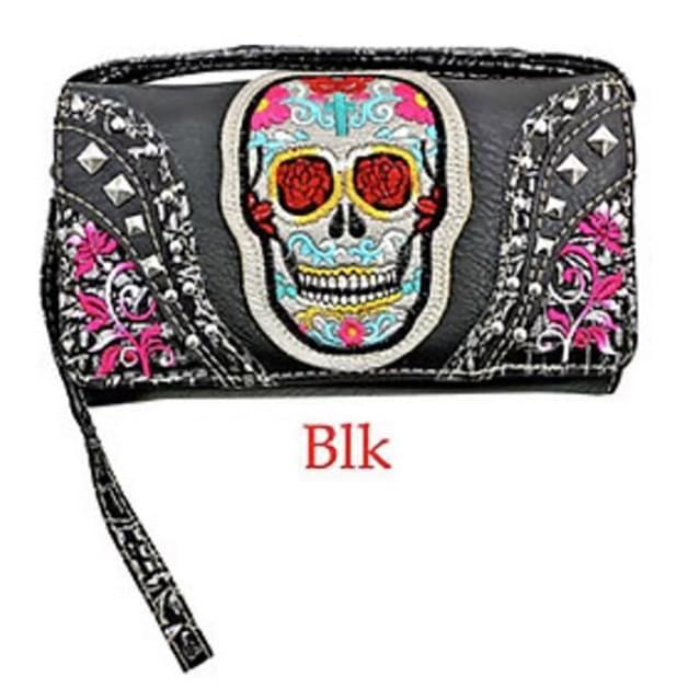 12 Wholesale Studded Sugar Skull Wallet - Black image