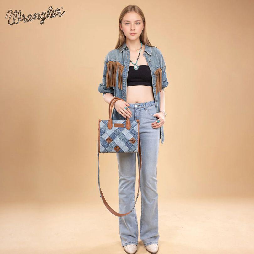 12 Wholesale Wrangler Woven Denim Concealed Carry Tote/crossbody -Jean image