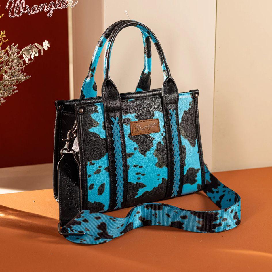 12 Wholesale Wrangler Cow Print Concealed Carry Tote/crossbody - Turquoise image