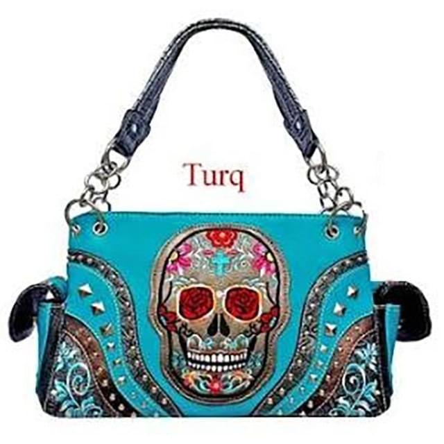 12 Wholesale Western Skull Embroidery Purse - Turquoise image