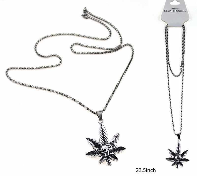 12 Wholesale Marijuana Leaf With Skull Stainless Steel Necklace image