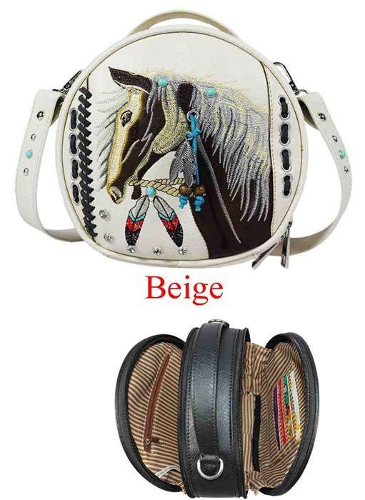 12 Wholesale Wholesale Round Crossbody Bag Embroidery Native Horse Design Beige image