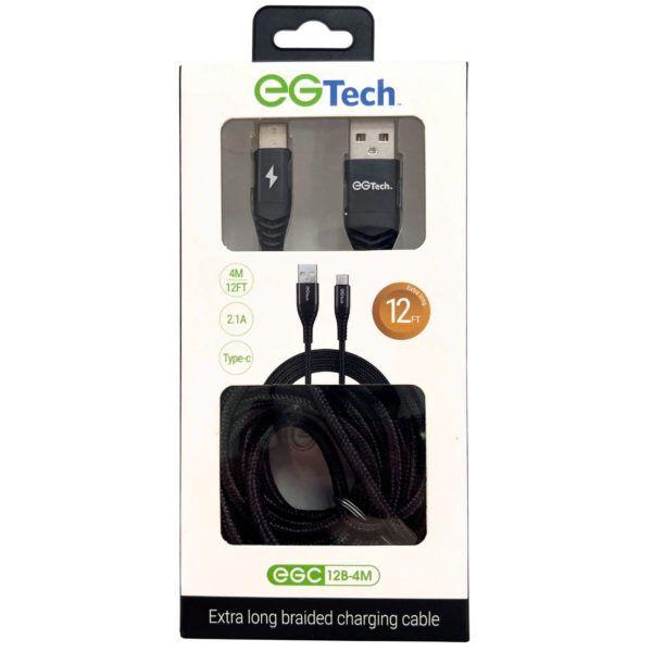 12 Wholesale Eg Tech 2.1a Braided 12 Foot Usb Type C Cable In Black image