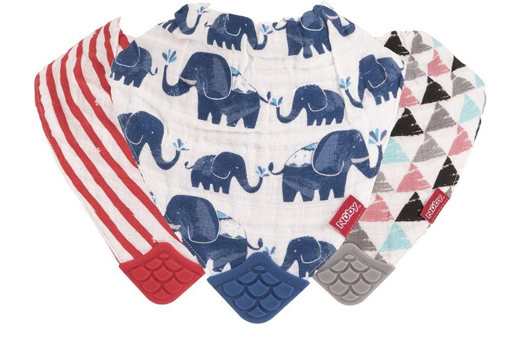 48 Wholesale Nuby 3pk Muslin Bib With Teether Red Stripes Elephant Triangles 0 Months up image
