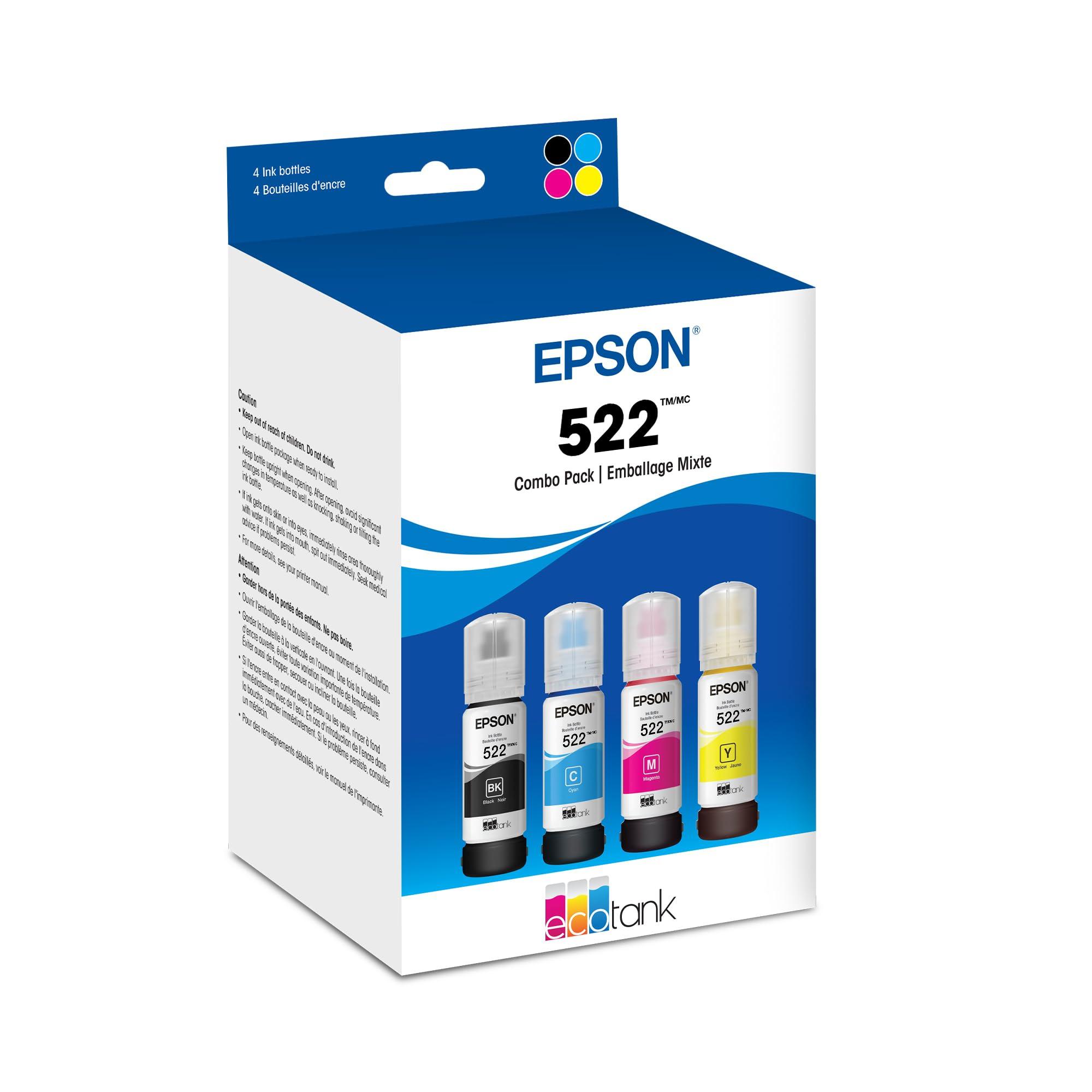 Epson 522 EcoTank Ink Ultra-high Capacity Bottle Black & Color Combo Pack (T522120-BCS) Works with EcoTank ET-2720, ET-2800, ET-2803, ET-2840, ET-4700, ET-4800, ET-4810 image