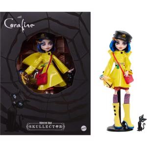 Monster High Skullector Doll, Coraline Collectible in Yellow Raincoat with Dress and Accessories Like Rag Doll, Cat Figure, and Doll Stand image