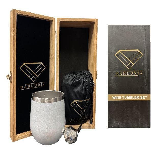 Barluxa Barware - #WINETUMBLER - Colors Vary - Bamboo Display Box - 13PC Stainless Set - 3 Sets For $30.00 image