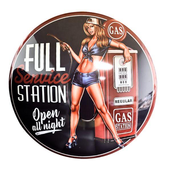 Full Service Gas Station - #187344 - 16" Domed Round Metal Tin Sign - 6 For $30.00 image