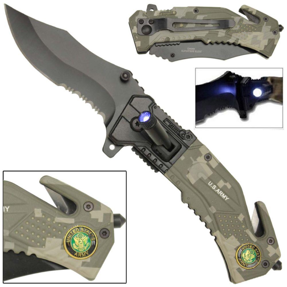 Spring Assist LED Tactical Rescue Knife US Army Camo image