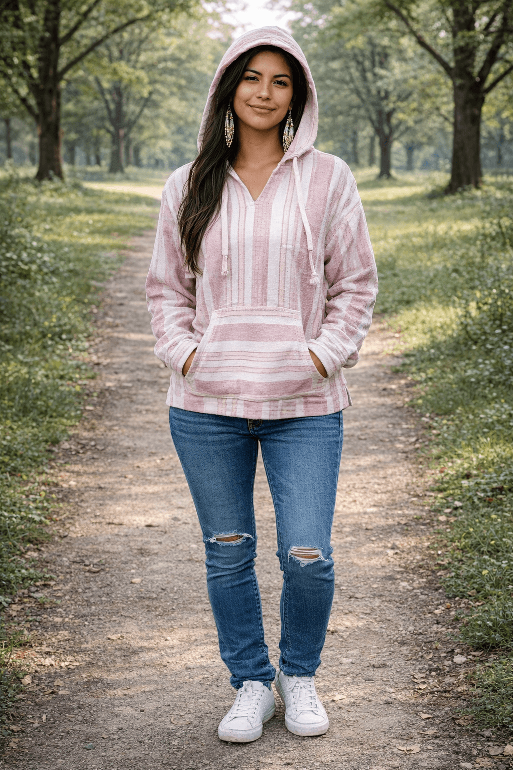 Basix of America Striped Baja Pullover Hoodie - PINK image