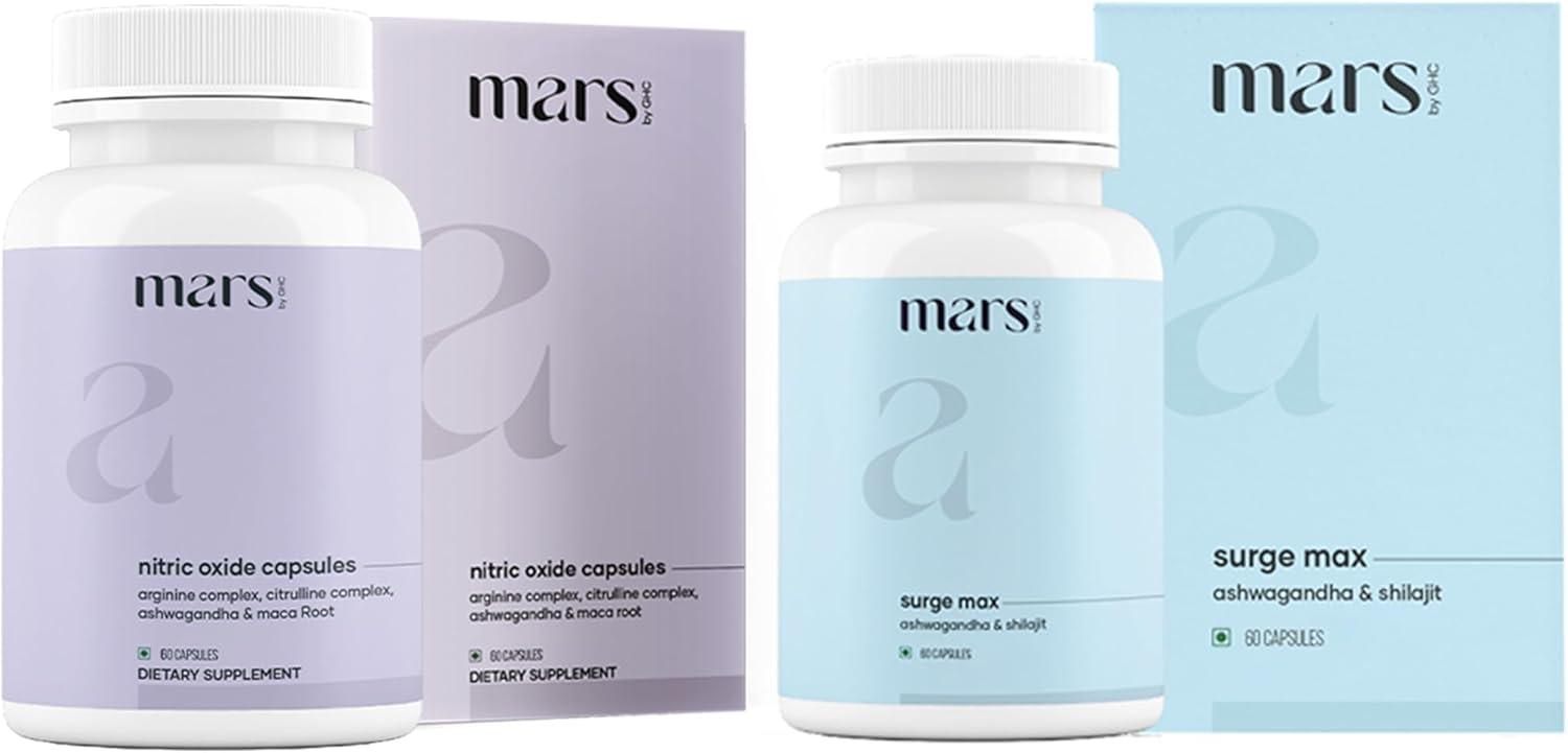 mars by GHC Growth Max Combo | Nitric Oxide Capsules + SurgeMax Capsules | Performance & Vitality Support | 120 Capsules | Pack of 1 image