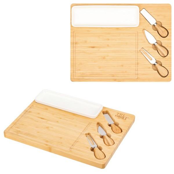 Solara Bamboo Cheese Board Knife and Tray Set With Custom Imprint image