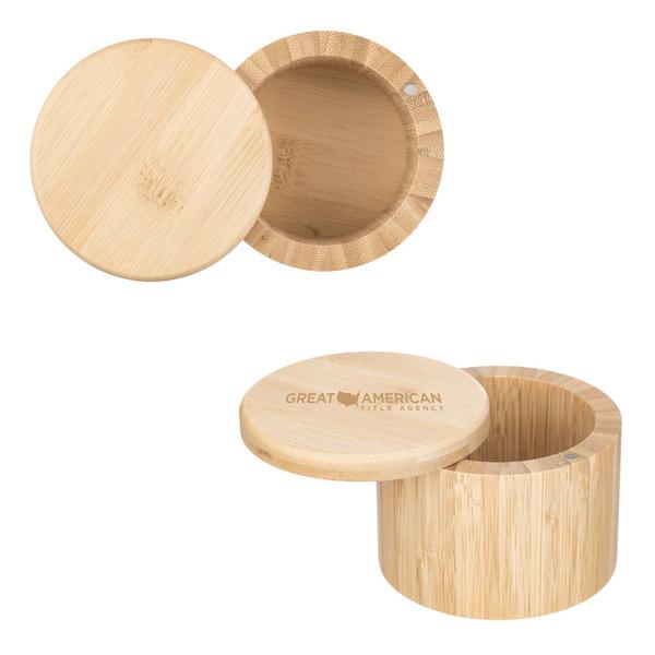 Round Bamboo Salt Box With Magnetic Lid And Custom Imprint image