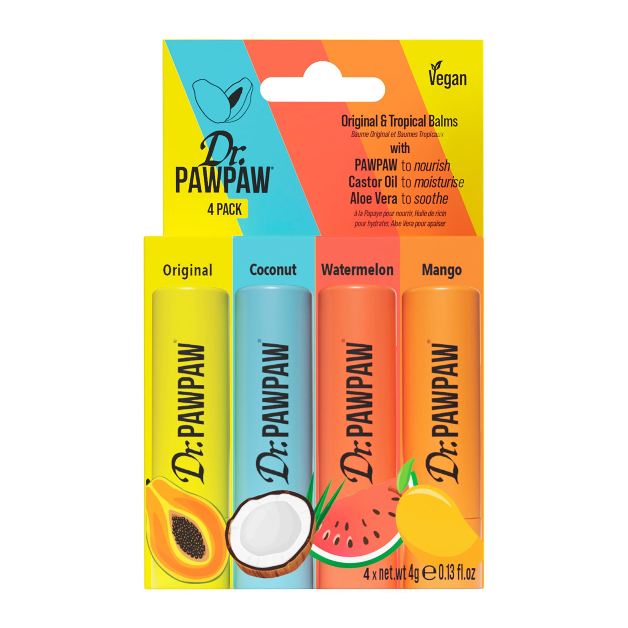 Dr. PawPaw Original and Tropical Balms - Hydrating Lip Balm Moisturizers with Aloe Vera for Deep Nourishment - Castor Oil Enriched - 4 pc image