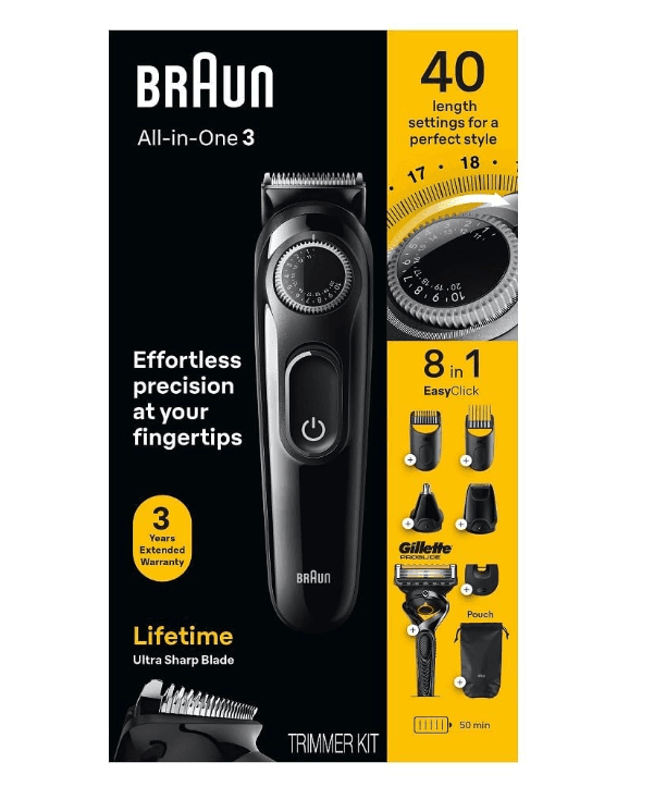 Braun All-in-One Style Kit Series 3 3470, 8-in-1 Trimmer for Men with BeardTrimmer, Ear & NoseTrimmer, Hair Clippers & More, Ultra-Sharp Blade, 40 Length Settings, Washable image