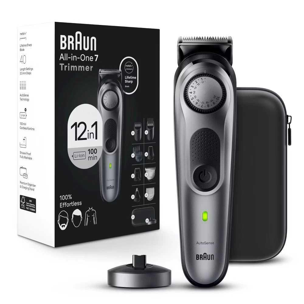 Braun All-in-One Men's Shaving Kit Series 7 7440, 12-in-1 Beard, Face, Nose, Ear Trimmer, Hair Clippers, Body Groomer and Manscaping + Travel Case + Charging Stand image