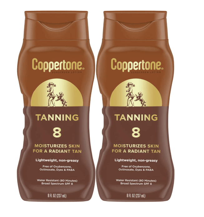 Coppertone Sunscreen Tanning Lotion SPF 8, Lightweight and Non Greasy Sunscreen, Water Resistant, Oxybenzone Free, Sun Tan Lotion Moisturizes Skin for a Radiant Tan, 8 Fl Oz Bottle, Pack of 2 image