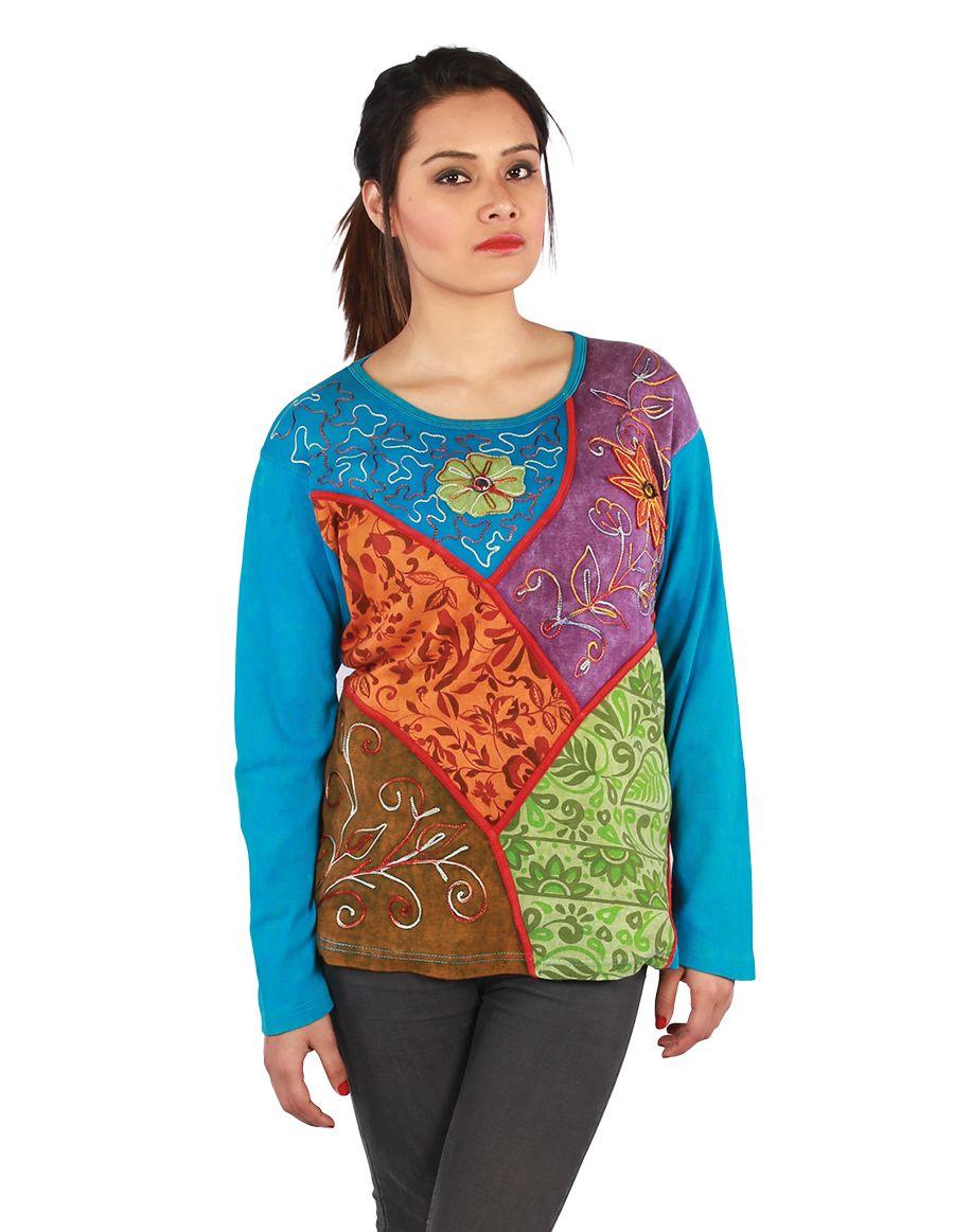 FULL SLEEVE MULTI FLOWER PATCH COTTON TOP
