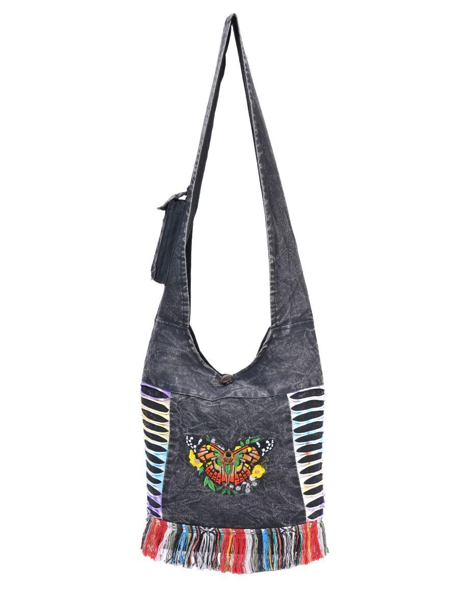 Butterfly Embroidery Hippie Hobo Bag Black image