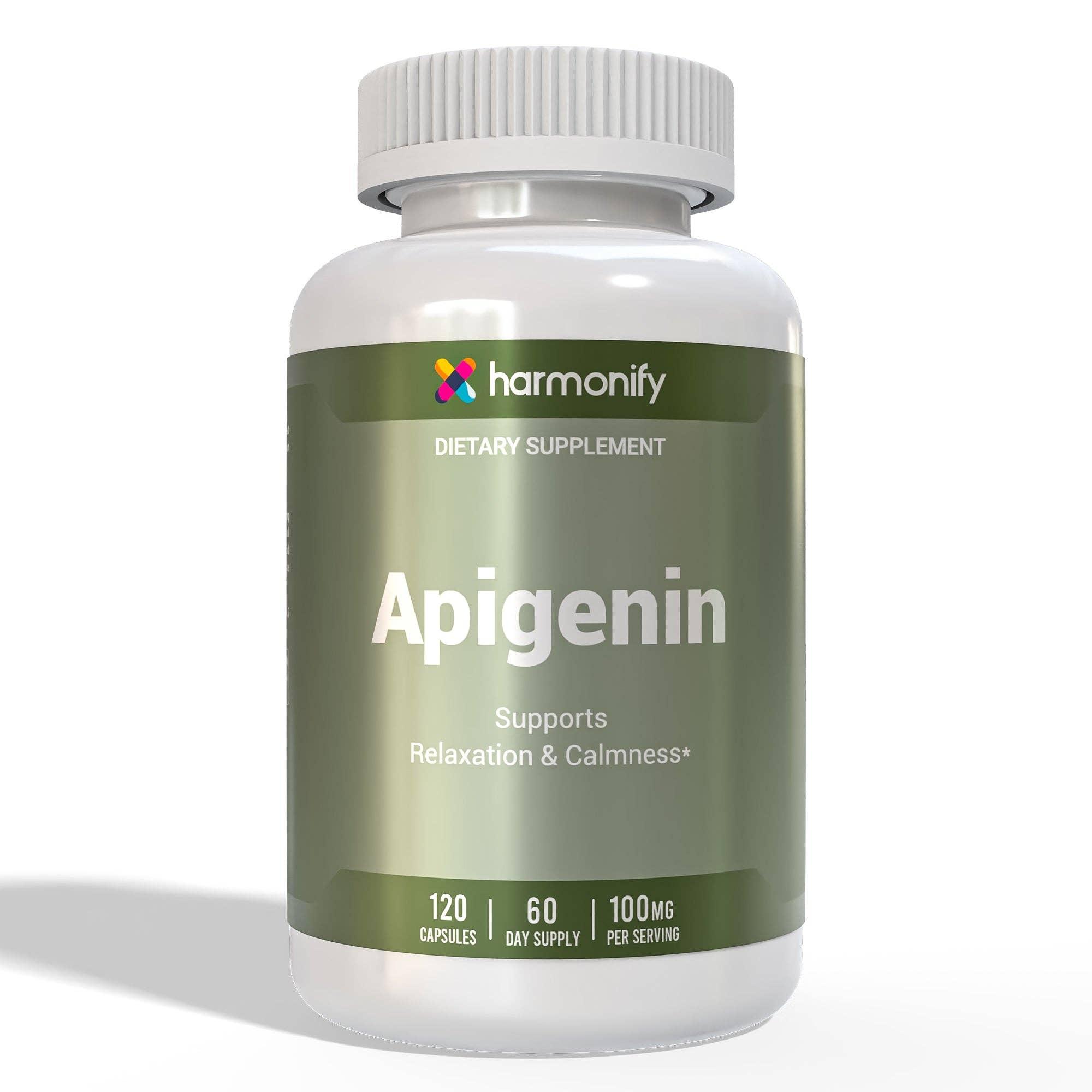 Harmonify Apigenin 100mg per Serving – 120 Capsules (60 Day Supply) – Chamomile Derived Apigenin Flavonoid Supplement – Supports Relaxation & Calmness – Non-GMO image