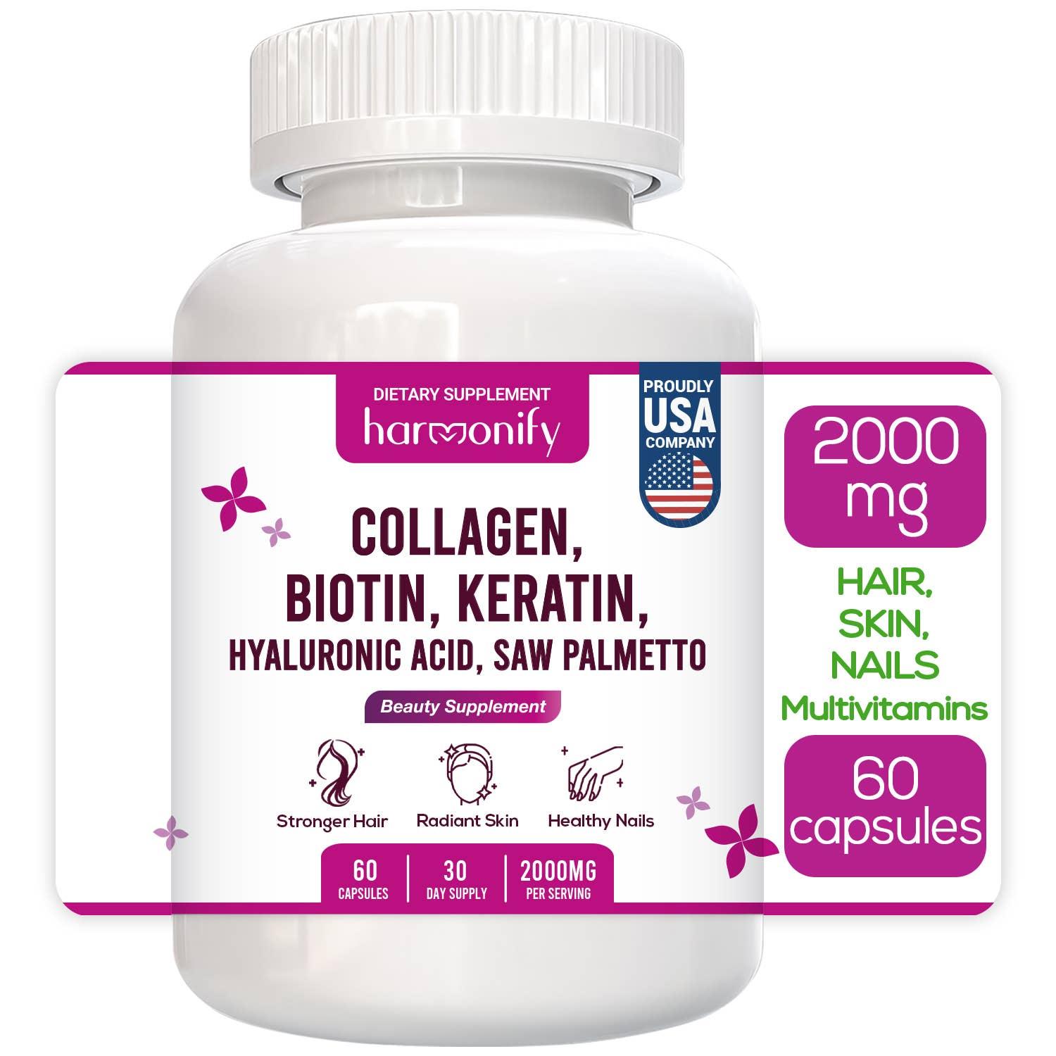 HARMONIFY Collagen Biotin Keratin Saw Palmetto Hyaluronic Acid Complex Supplement