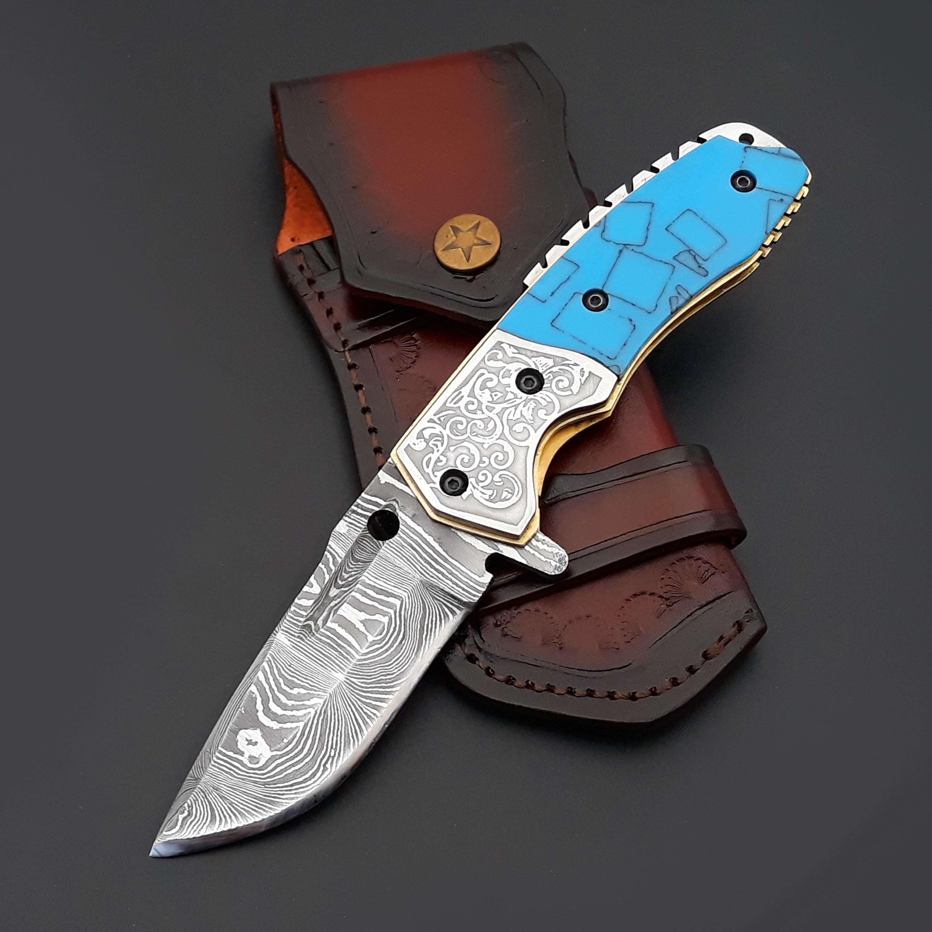 Reckoner Damascus Folding Knife with Turquoise Resin Handle