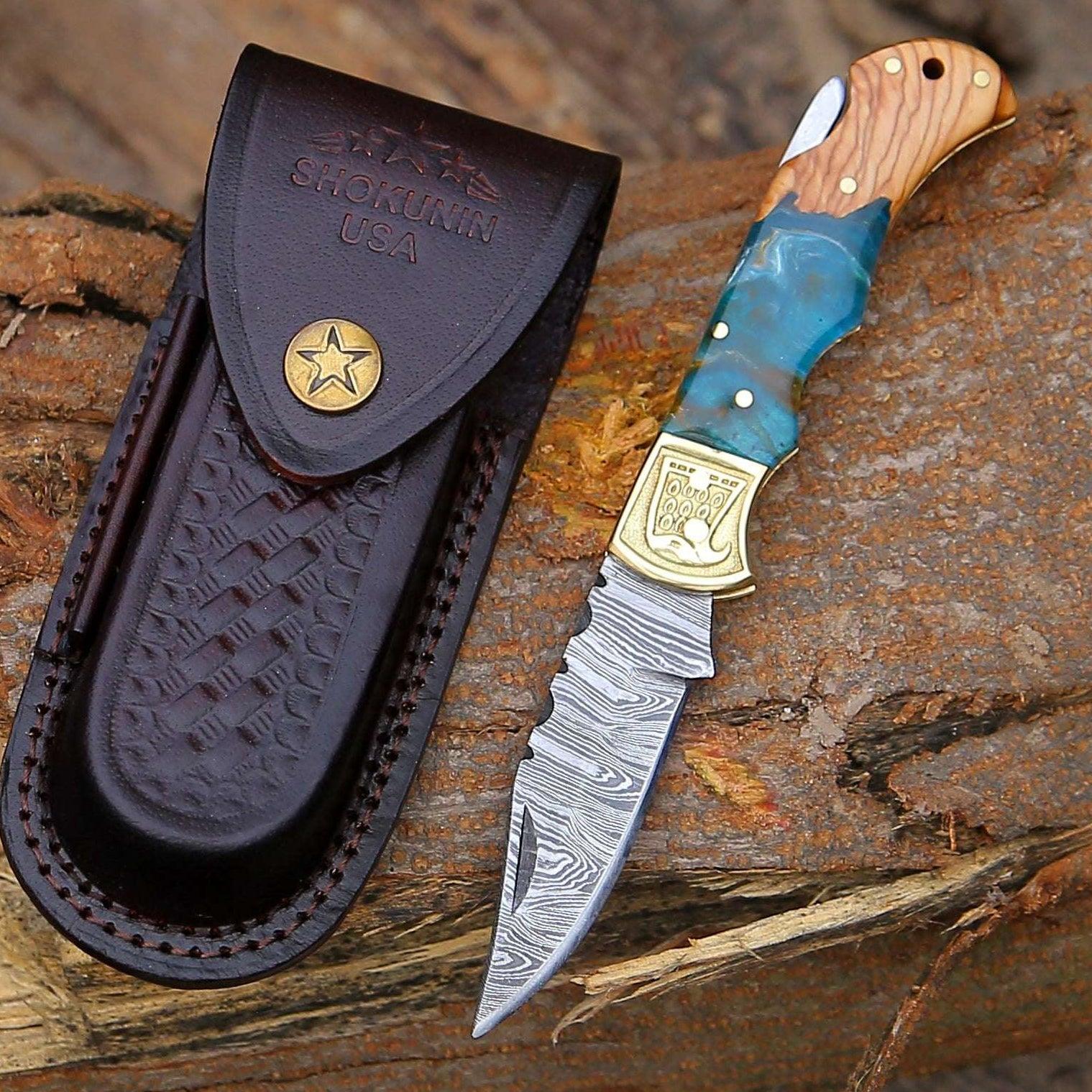 Perseus Damascus Pocket Knife with Exotic Olive Wood & Resin Handle