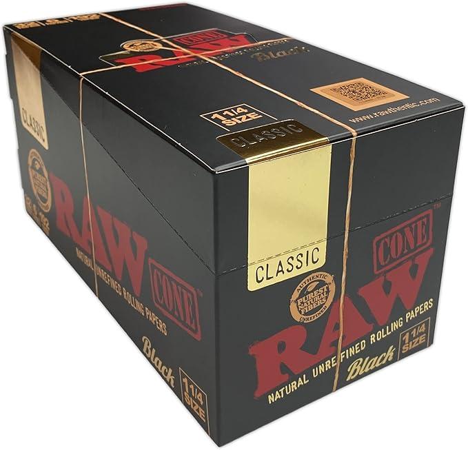 RAW Classic Black Natural Prerolled Cigarette Paper Cones with Tips | 1 1/4 Size | Full Box (32 Packs of 6 Cones, 192 Total) | Includes Pre Rolled Cones and ARC Scoop Card image