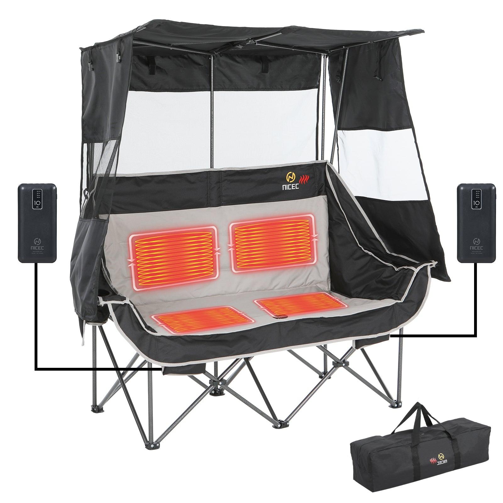 Nice C Double Heated Camping Loveseat - Folding Chair with Canopy, Battery, Cup Holder & Cooler