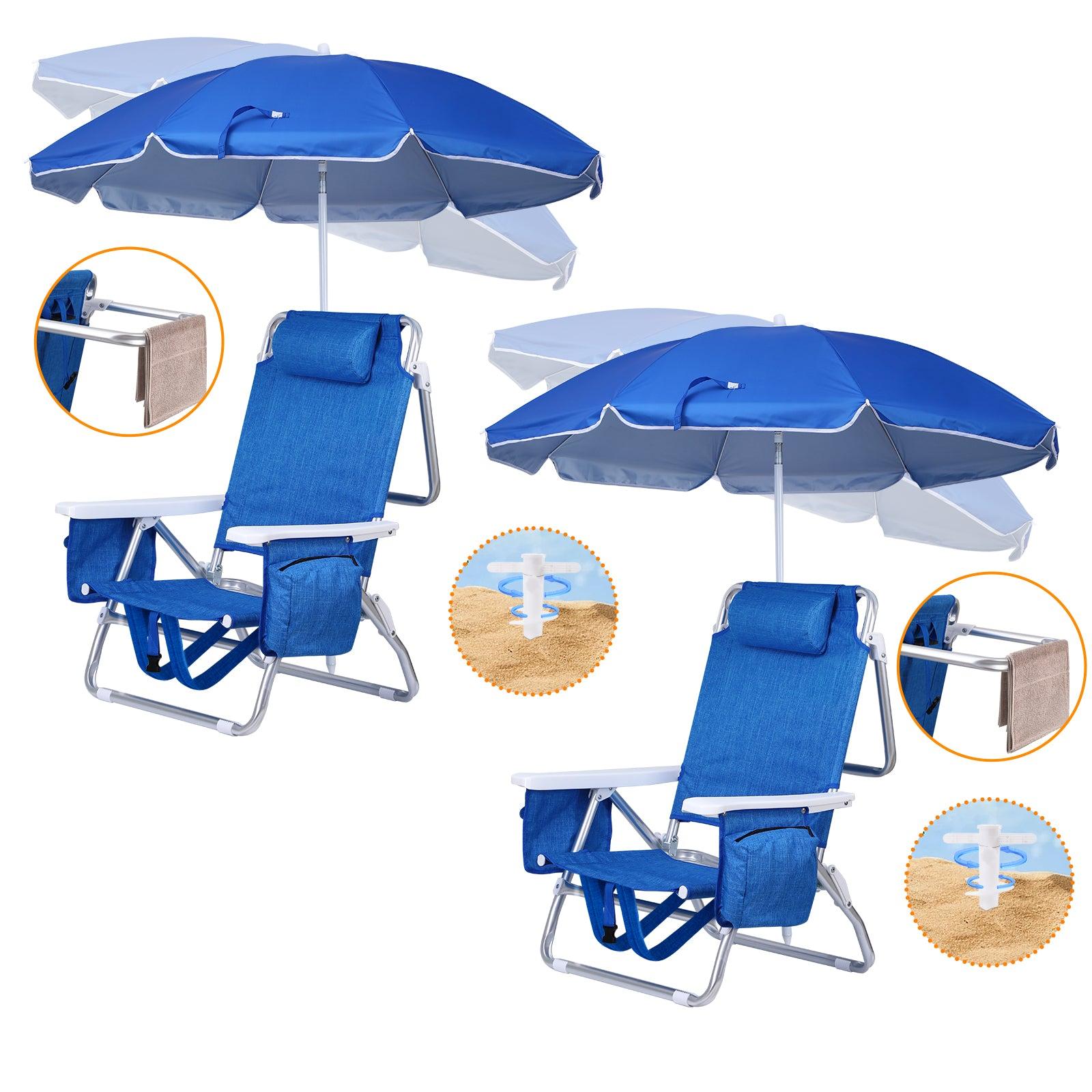 Nice C Beach Chair with Umbrella & Cooler, 5-Position Reclining Backpack Chair for Adults - 2 Pack
