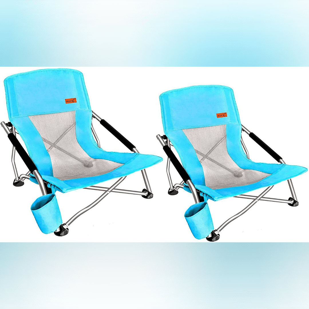 Nice C Folding Low Beach Chair for Adults - Sling Seat with Cup Holder - Blue / 2 Pack