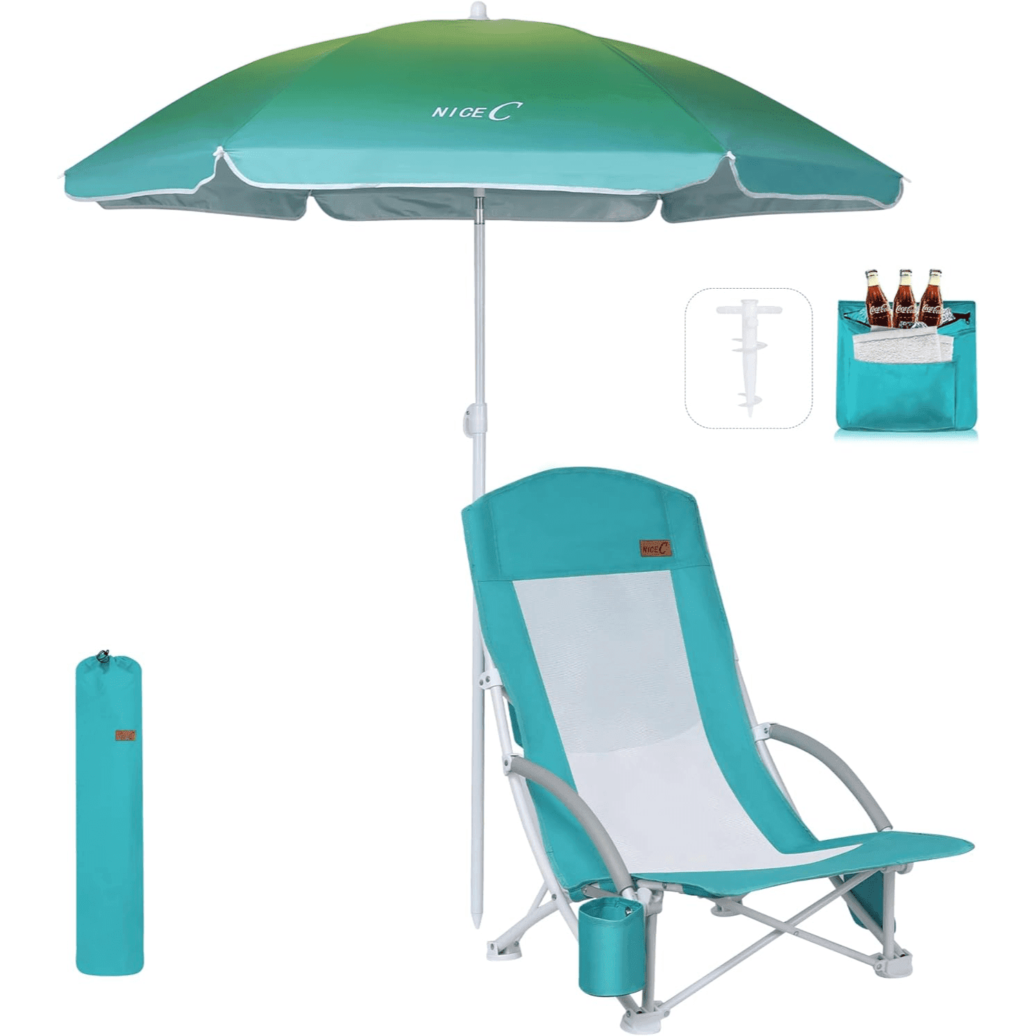 Nice C Beach Chair with Umbrella & Cooler - High Back, Cup Holder, Carry Bag - Blue / 1 Pack