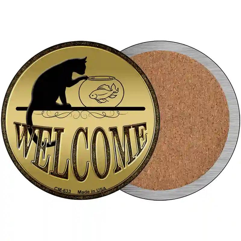 Welcome With Cat Novelty Circle Coaster Set of 4 image