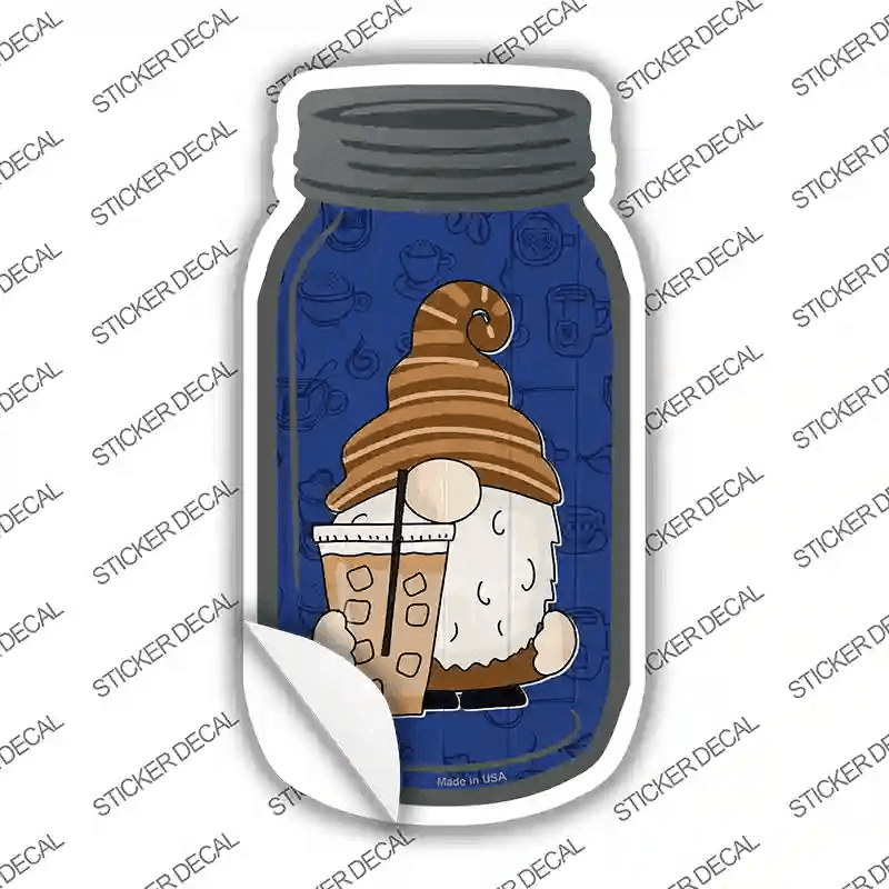 Gnome With Iced Coffee Novelty Mason Jar Sticker Decal image