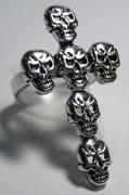 LARGE CROSS SKULL HEADS DELUXE SILVER BIKER RING image