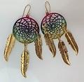 3 INCH METAL DREAM CATCHER RAINBOW DANGLE EARRINGS WITH FEATHERS image