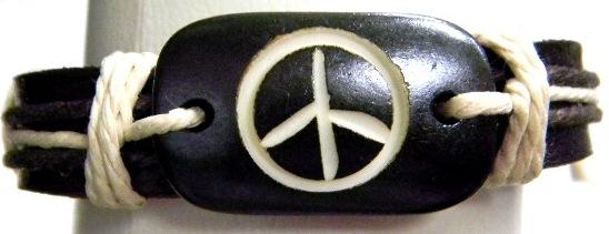 Peace Sign Bone Pendant Leather Bracelet image