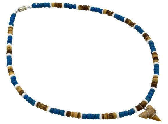 Tiger-Turquoise Coconut Clam Shell Shark Tooth Pendant Necklace. image