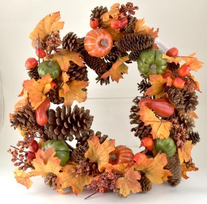 22" Fall Pumpkin, Gourd, Pinecone Autumn Leaf Grapevine Wreath image