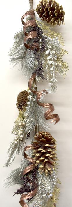 5' Pinecone Garland w/ Gold & Silver with Bronze Glitter Berries image