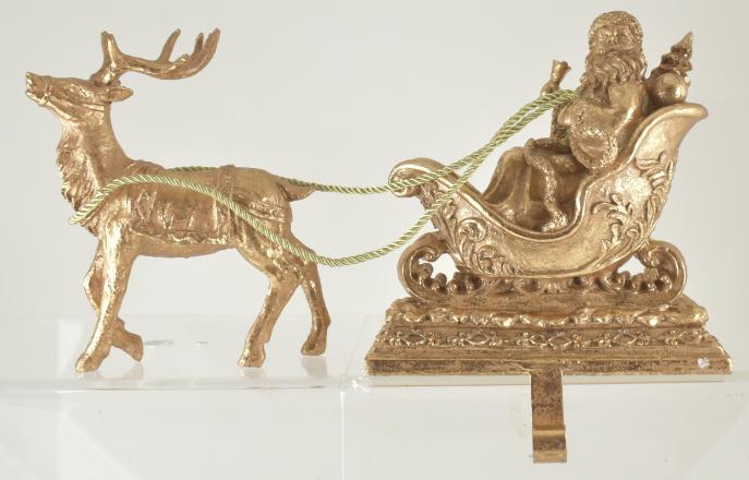 Gold Santa's Sleigh & Reindeer Stocking Holder image