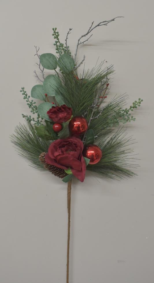Eucalyptus and Rose Spray with Red Ornaments image