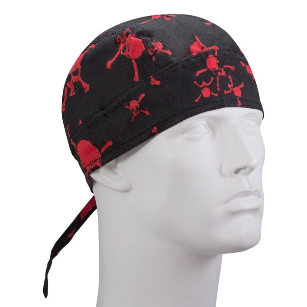 Tossed Red Skulls and Crossbones on Black Doo Rag - 1 piece
