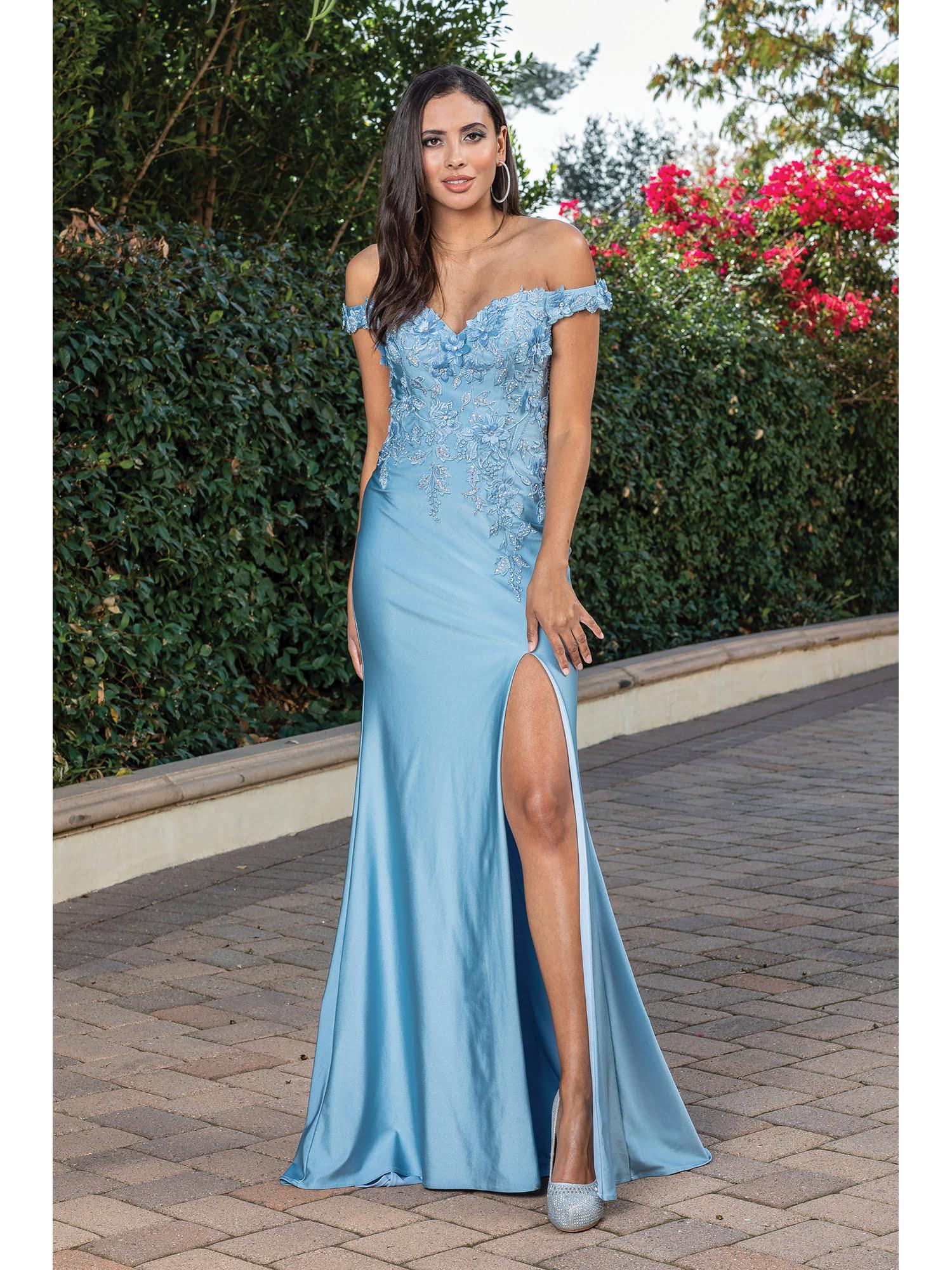 Embroidered Lace Bodice Gown with Off-the-Shoulder Sleeves and Thigh-High Slit Prom Dress - Style 4291 image