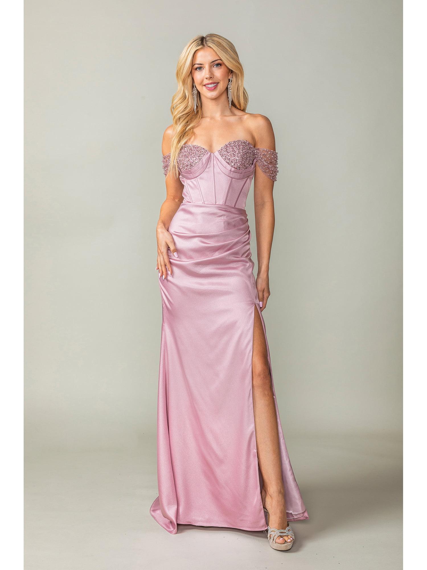 Off-Shoulder Satin Gown with Beaded Bust Detail and Front Slit Prom Dress - Style 4401 image