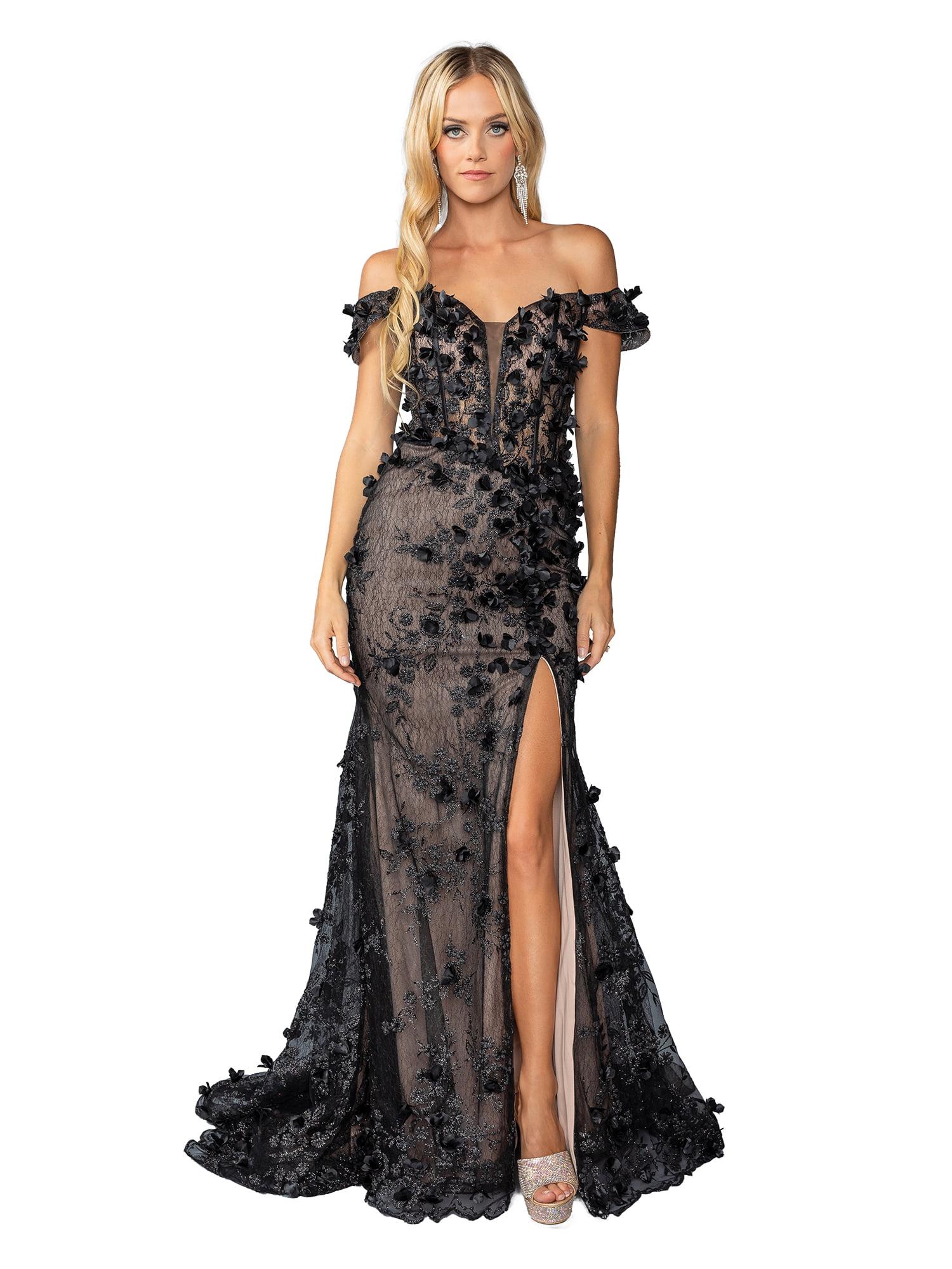Off-Shoulder Floral Applique Gown with Ruffled Trim and Front Slit Prom Dress - Style 4457 image